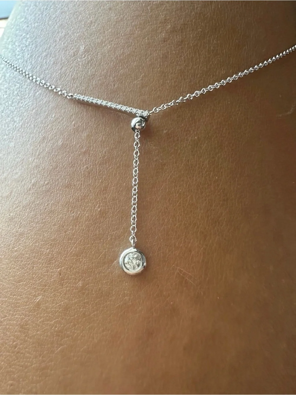 Adjustable 14K White Gold 0.12ctw Natural Diamond Bar Lariat Y Necklace 18”